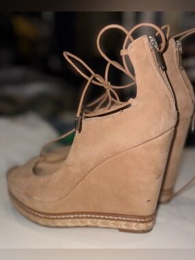 Sam Edelman Tan Suede Lace-Up Wedge Pumps